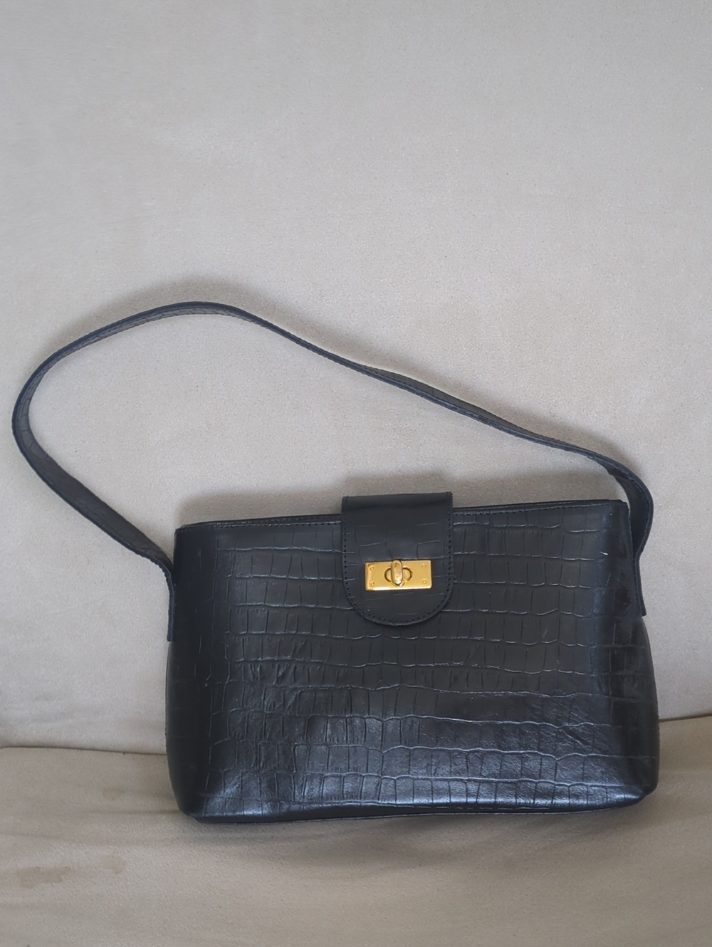 Black Croc-Embossed Shoulder Bag with Gold Turn-Lock